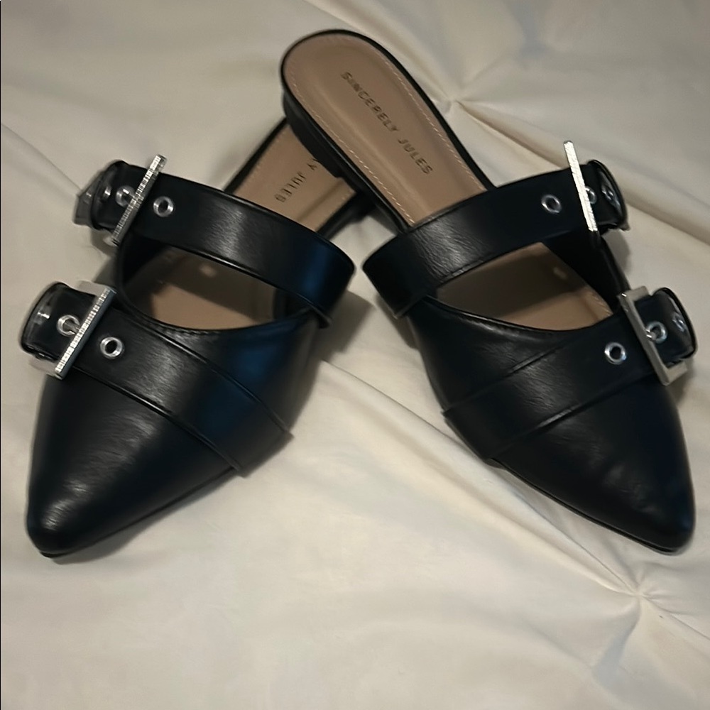 Black Leather Mules with Buckle Detail